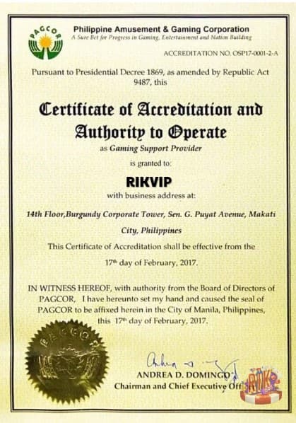giấy phép hoạt động hợp pháp của RIKVIP