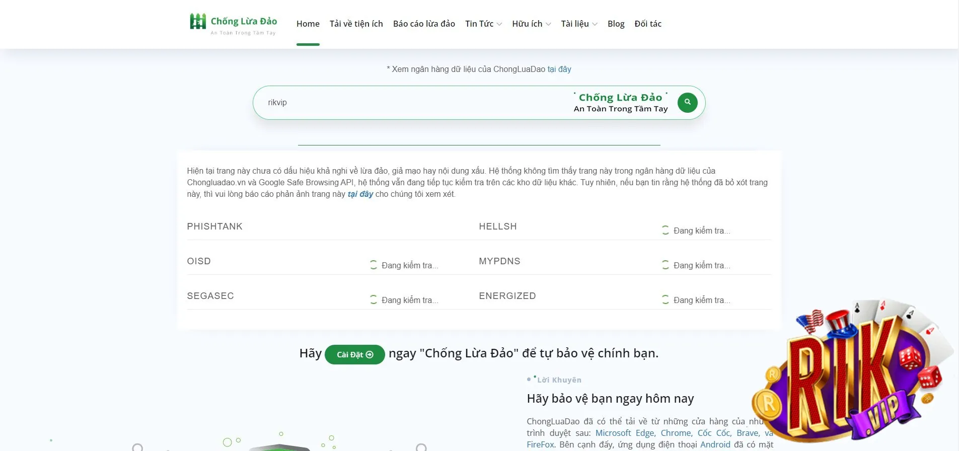 kiểm tra độ uy tín của RIKVIP trên Website Chống Lừa Đảo Ở Việt Nam